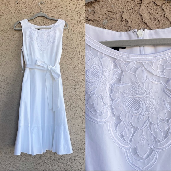 TALBOTS White Embroidered Sateen Fit & Flare Tie Belted Midi Dress Sz 12 - Picture 11 of 14
